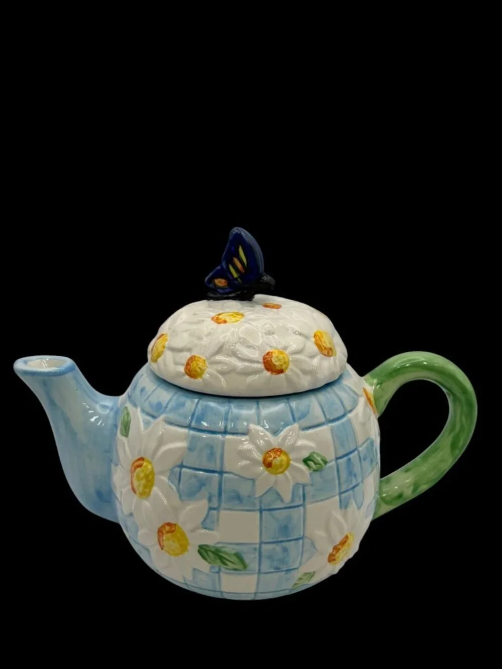 Vintage Betallic Inc Ceramic Teapot Blue White Daisy Butterfly Lid Cottagecore
